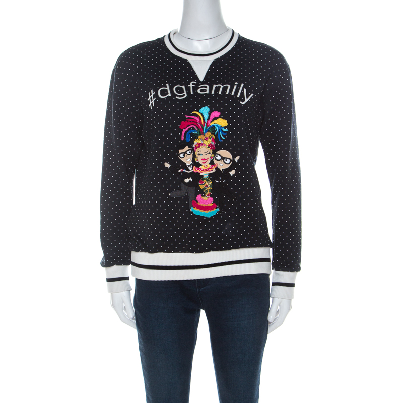 Dolce and Gabbana Black Polka Dot Print Cotton Jersey DG Family Applique Sweatshirt S