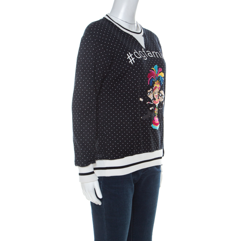 

Dolce and Gabbana Black Polka Dot Print Cotton Jersey DG Family Applique Sweatshirt