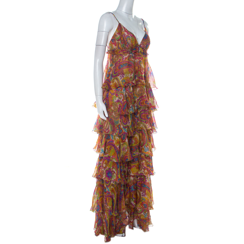 

Dolce & Gabbana Multicolor Paisley Print Silk Tiered Ruffle Maxi Dress