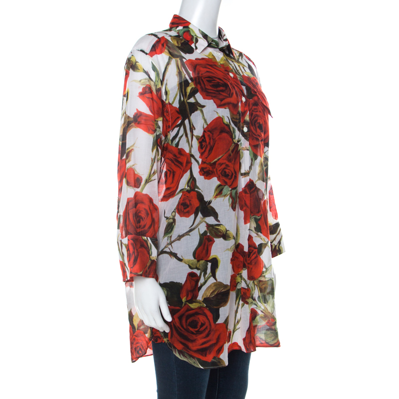 

Dolce and Gabbana Red and White Rose Printed Cotton Tunic Shirt