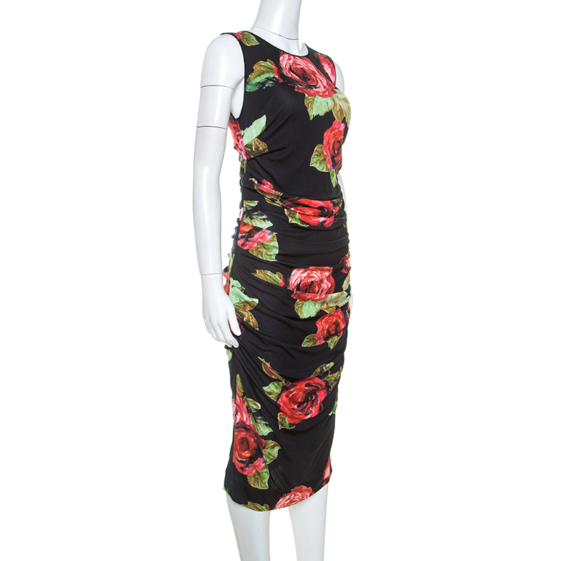 

Dolce & Gabbana Floral Print Ruched Sleeveless Dress, Black