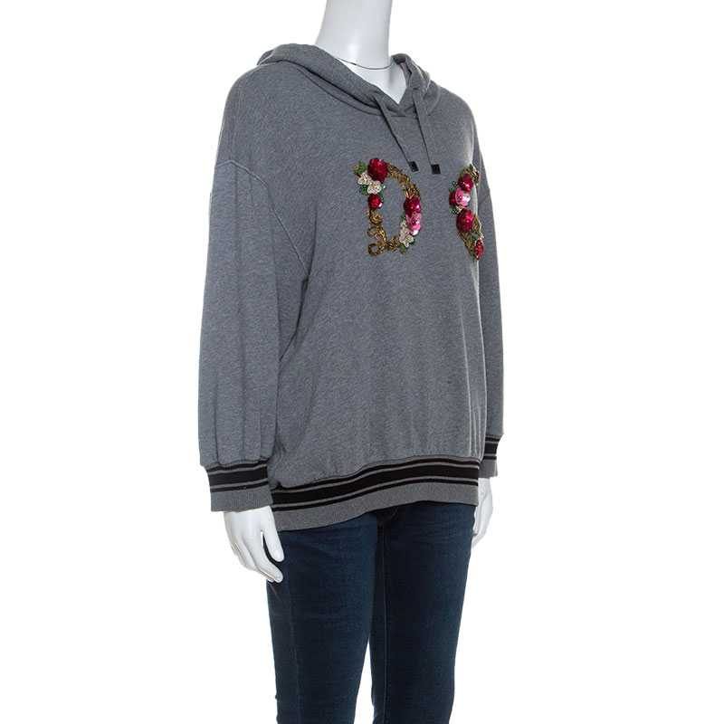 

Dolce and Gabbana Grey Knit Floral Embroidered Logo Detail Hoodie