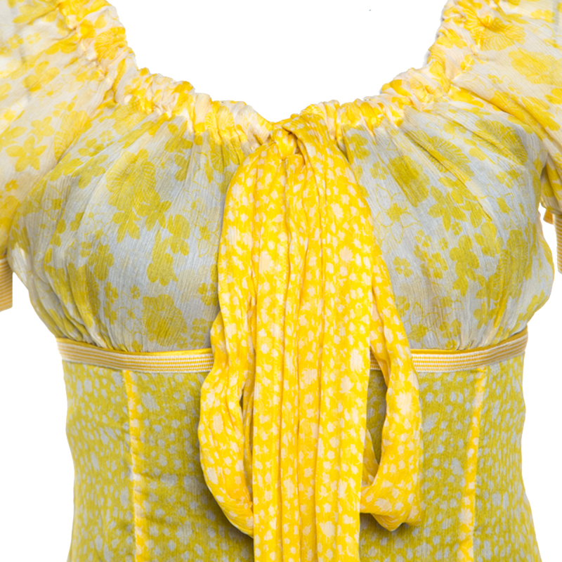 Pre-owned Dolce & Gabbana D & G Yellow Floral Print Sheer Silk Crepe Elasticized Neck Blouse S