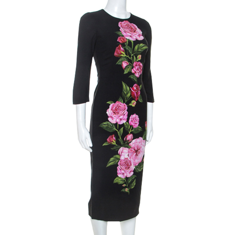 

Dolce and Gabbana Black Crepe Rose Print Midi Dress
