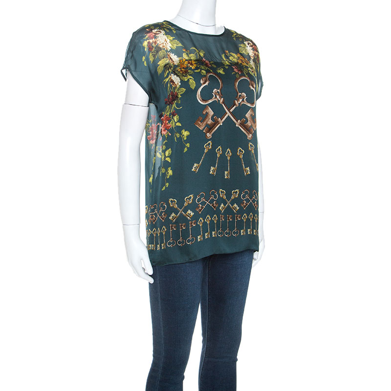 

Dolce & Gabbana Green Floral and Key Print Silk Sheer Top