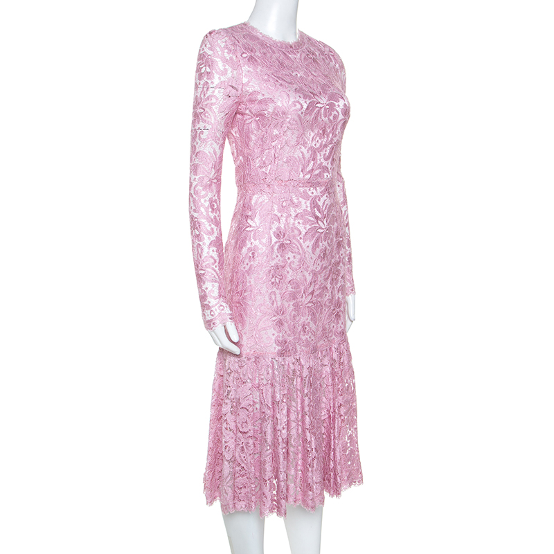 

Dolce & Gabbana Pink Lace Flounce Midi Dress