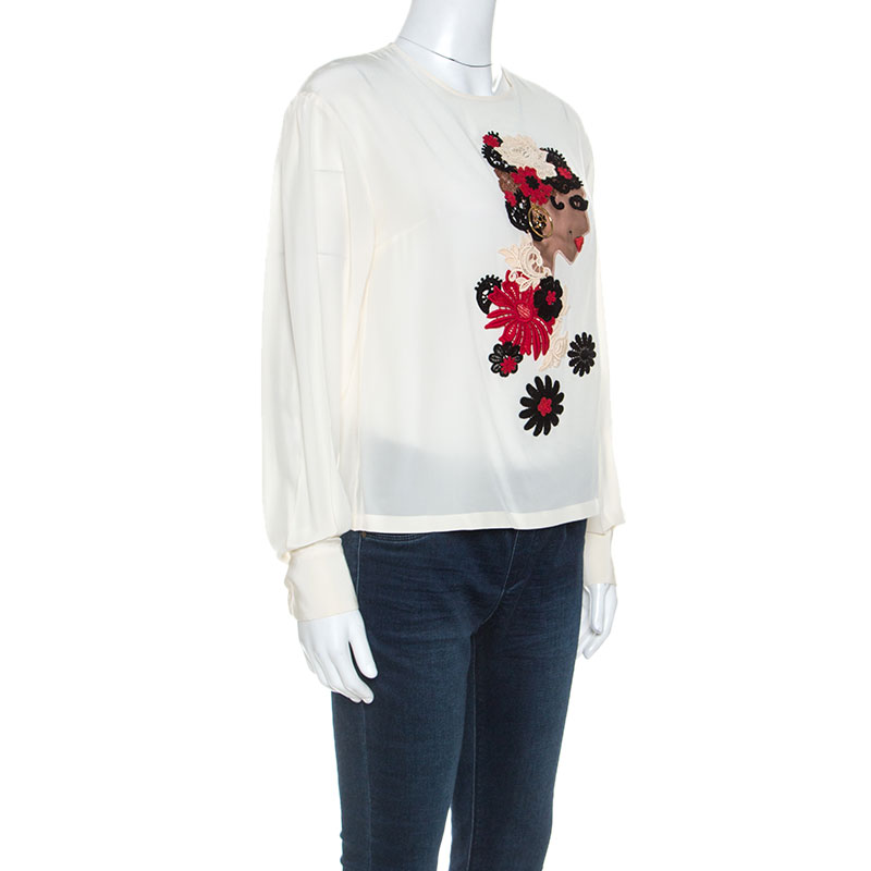 

Dolce and Gabbana Cream Silk Embroidered Patch Detail Top