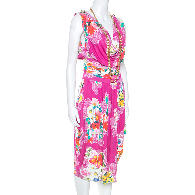 

Dolce and Gabbana Pink Floral Print Jersey Draped Chain Detail Dress