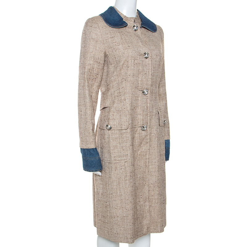 

Dolce & Gabbana Beige Silk Linen Blend Denim Trim Tweed Coat