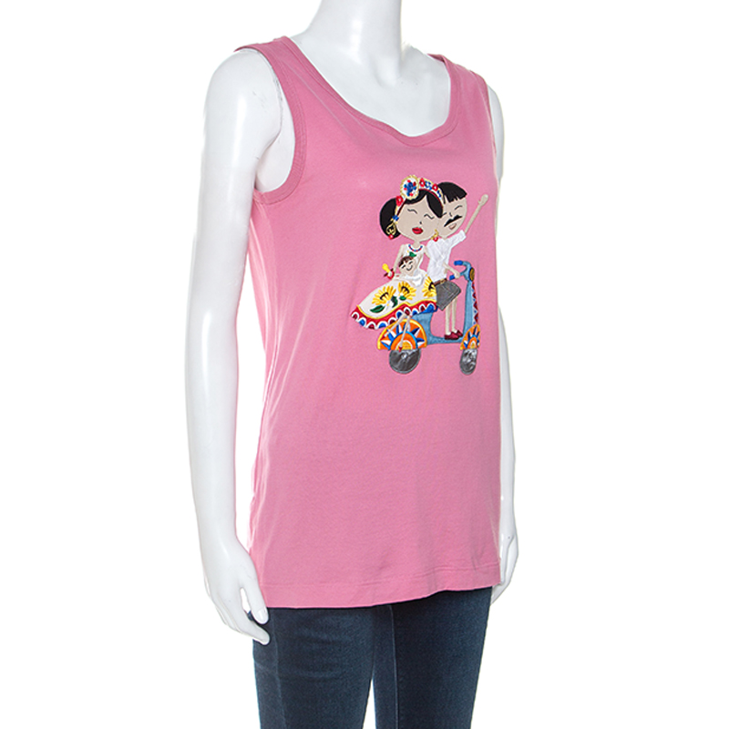 

Dolce & Gabbana Pink Cotton DG Family Applique Tank Top