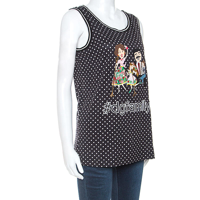 

Dolce & Gabbana Black Polka Dot DG Family Applique Cotton Tank Top