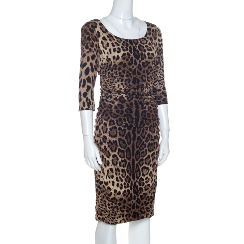 

Dolce and Gabbana Brown Crepe Leopard Print Ruched Detail Dress