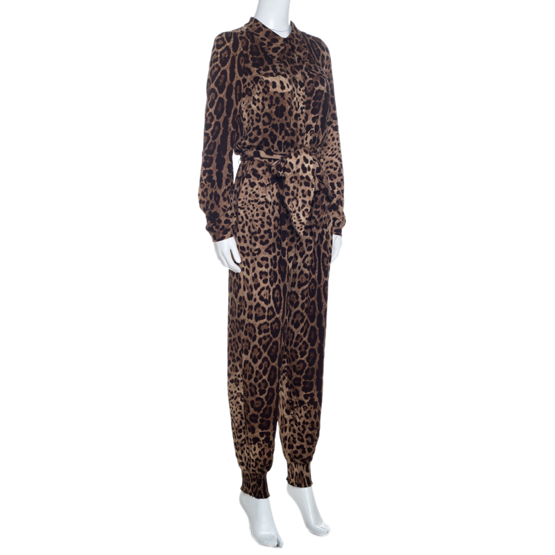 

Dolce & Gabbana Brown Crepe Leopard Print Button Front Jumpsuit