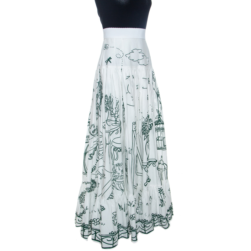 

Dolce & Gabbana Bicolor Garden Print Cotton Maxi Skirt, White