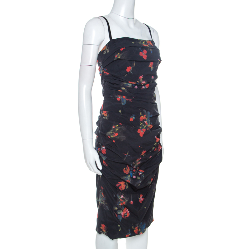 

Dolce & Gabbana Black Floral Print Stretch Silk Ruched Dress