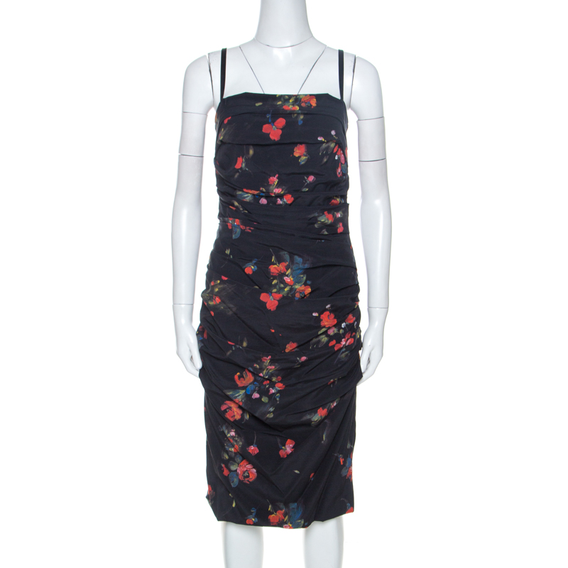 Pre-owned Dolce & Gabbana Black Floral Print Stretch Silk Ruched Dress M
