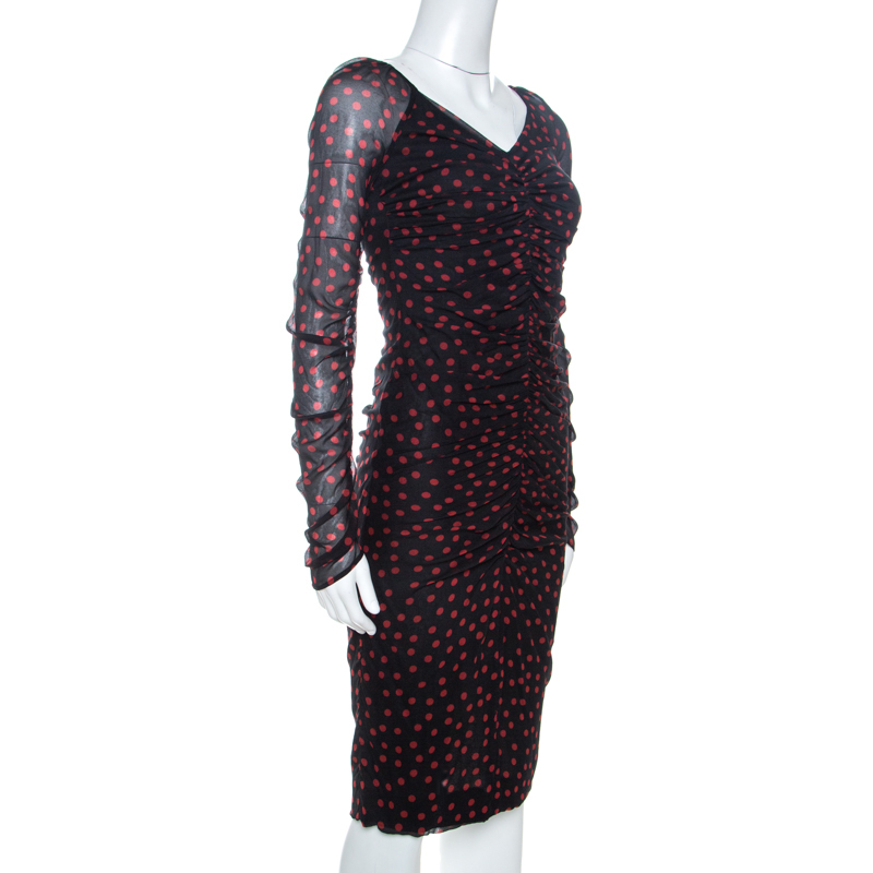 

Dolce & Gabbana Black Polka Dot Print Stretch Silk Ruched Dress