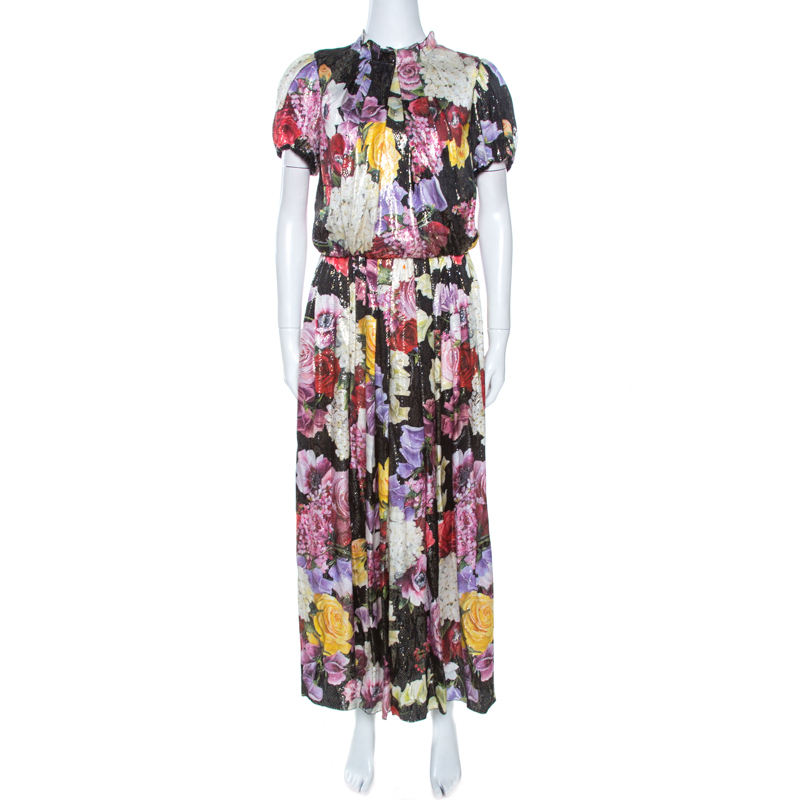Pre-owned Dolce & Gabbana Multicolor Floral Print Lurex Silk Maxi Dress L