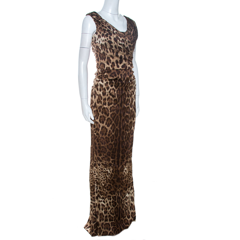 

Dolce & Gabbana Brown Leopard Print Silk Draped Maxi Dress