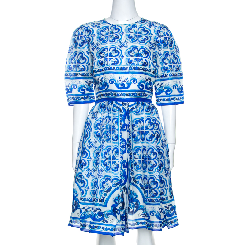 Dolce & Gabbana Blue Majolica Print Silk Organza Pleated Midi Dress M