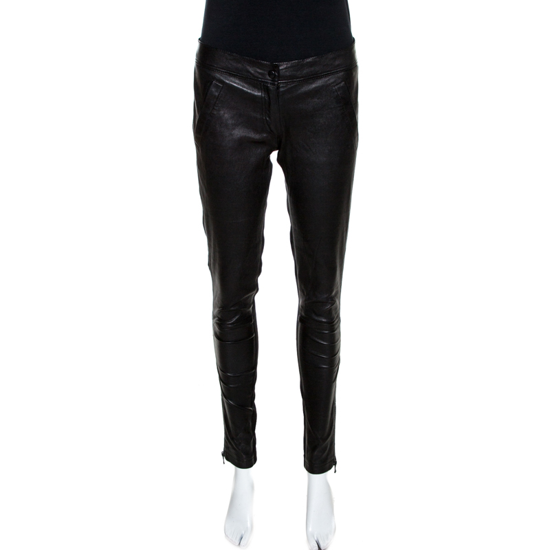 Pre-owned Dolce & Gabbana D & G Black Lamb Leather Paneled Skinny Trousers M
