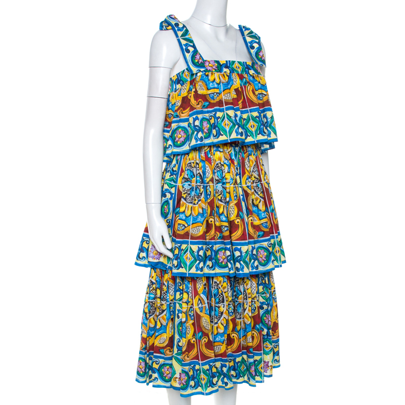 

Dolce & Gabbana Multicolor Majolica Print Cotton Tiered Midi Dress