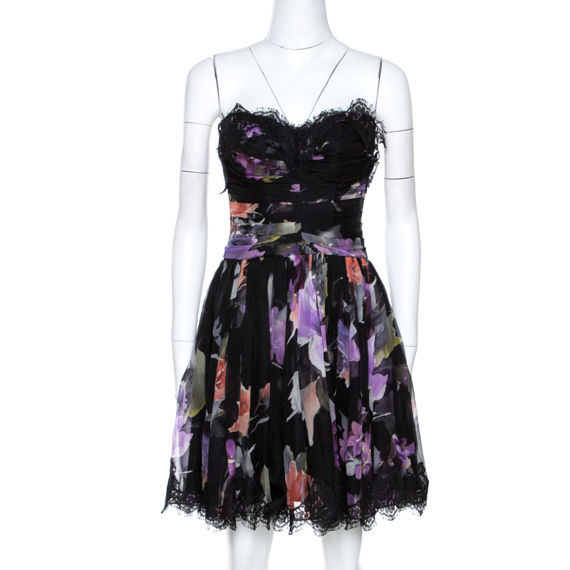 Pre-owned Dolce & Gabbana Black Floral Print Silk Lace Trim Strapless Dress S