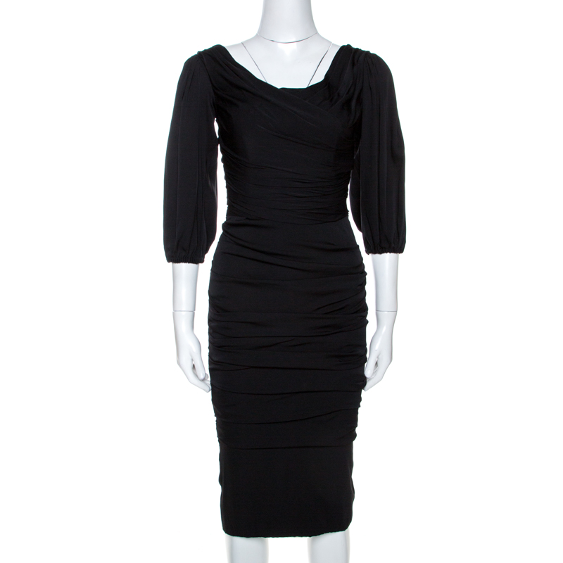 Dolce & Gabbana Black Stretch Silk Ruched Midi Dress XS