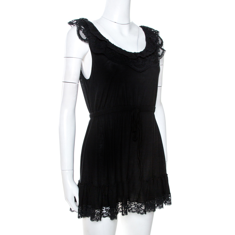 Pre-owned Dolce & Gabbana Black Knit Lace Trim Detail Mini Dress M