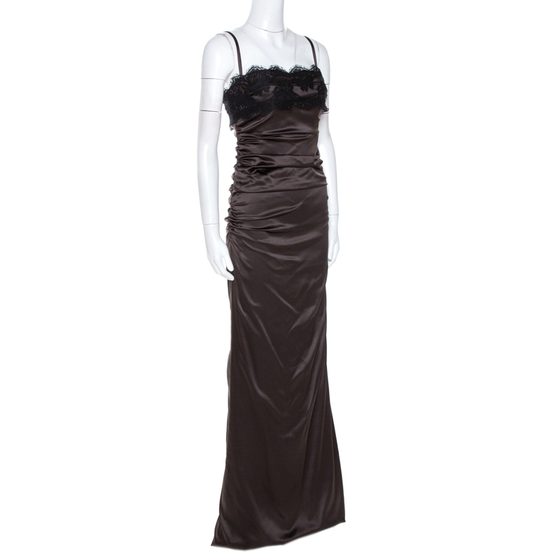 

Dolce & Gabbana Brown Satin Lace Trim Ruched Maxi Dress