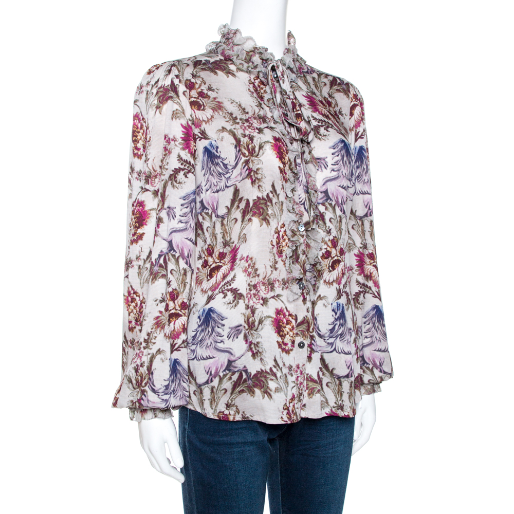 

Dolce & Gabbana Grey Floral Print Silk Ruffle Front Blouse