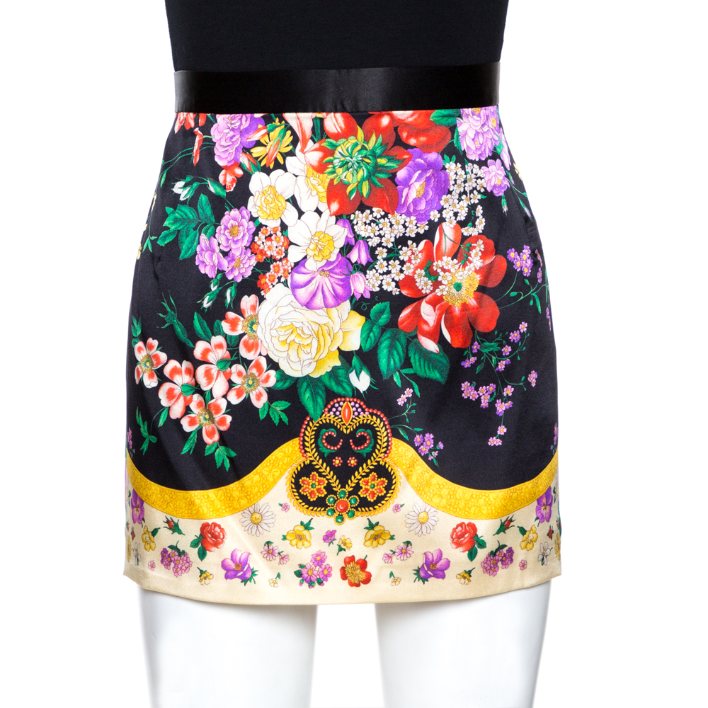 Pre-owned Dolce & Gabbana Multicolor Floral Print Stretch Silk Mini Skirt M
