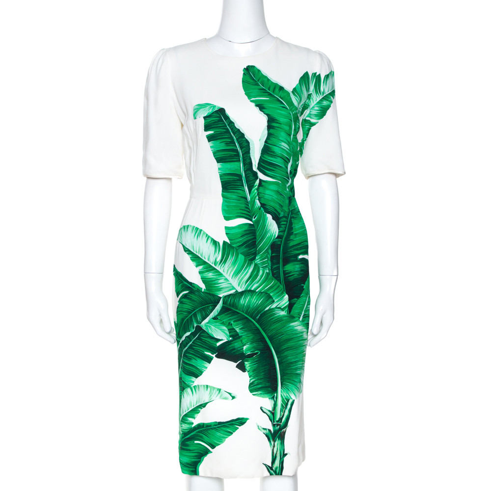 Pre-owned Dolce & Gabbana Bicolor Banana Leaf Print Crepe Fitted Dress M In Green
