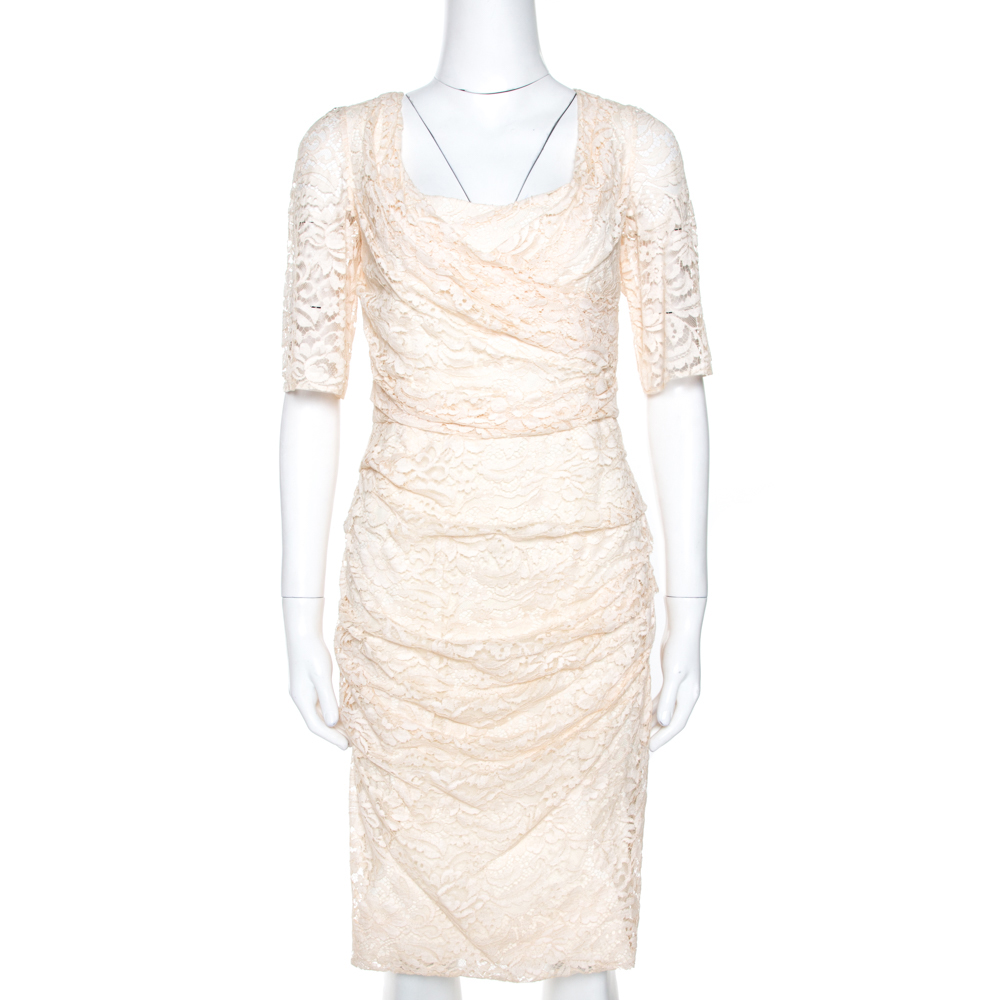 Pre-owned Dolce & Gabbana Cream Lace Draped Short Sleeve Dress M