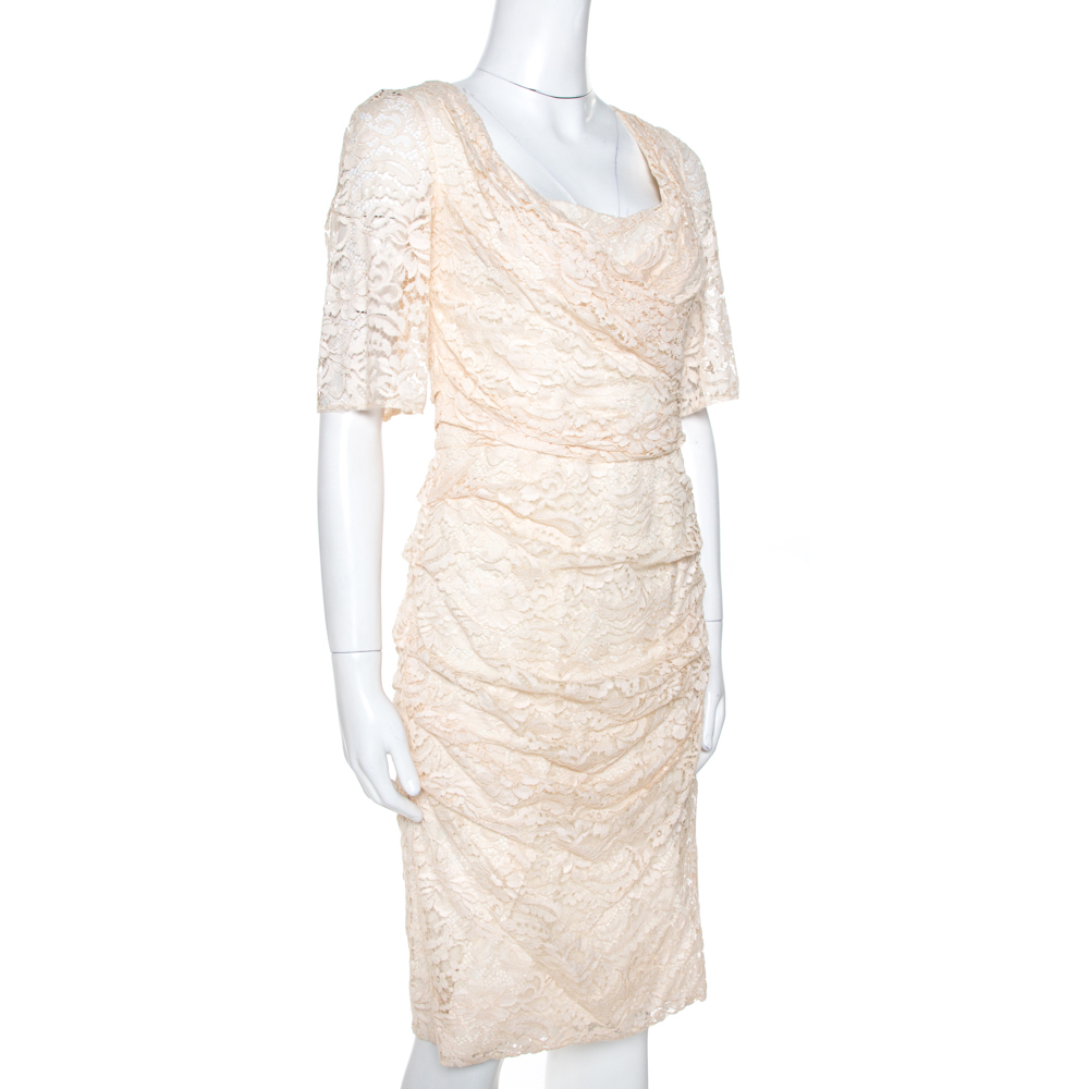 

Dolce & Gabbana Cream Lace Draped Short Sleeve Dress