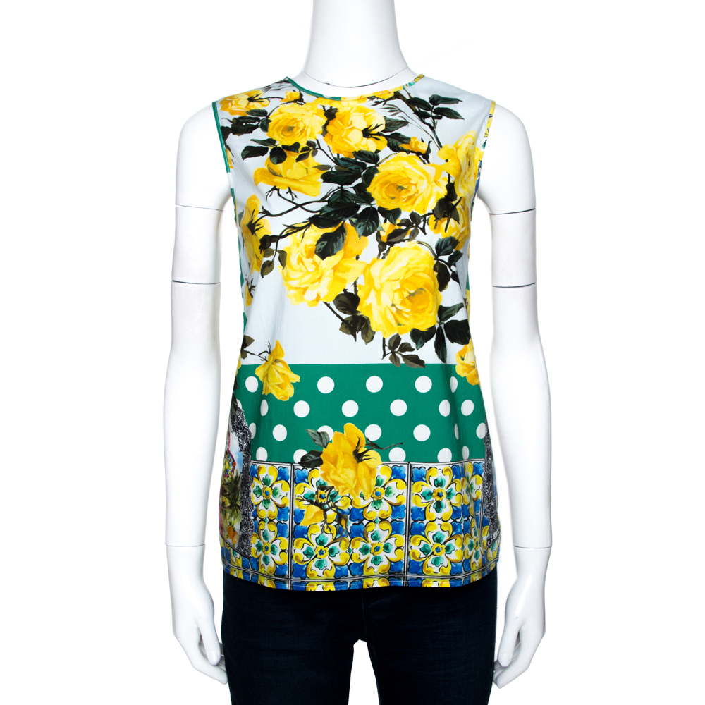 Pre-owned Dolce & Gabbana Yellow Floral And Polka Dot Print Cotton Top S