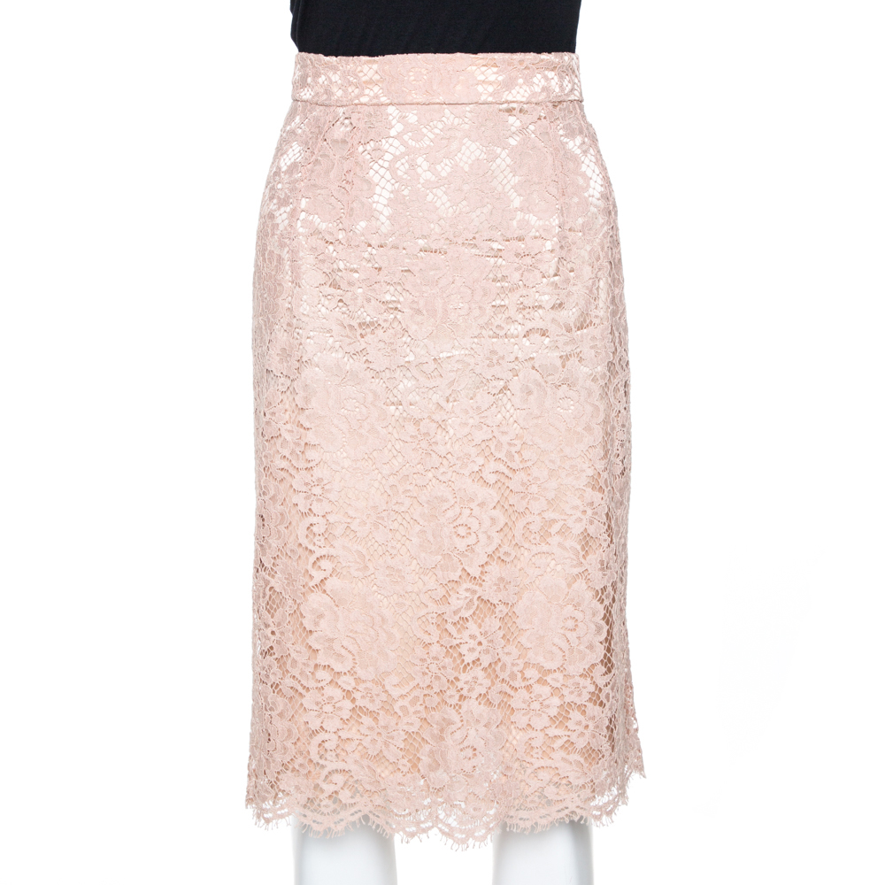 Pre-owned Dolce & Gabbana Naturel Lace Midi Skirt M In Cream
