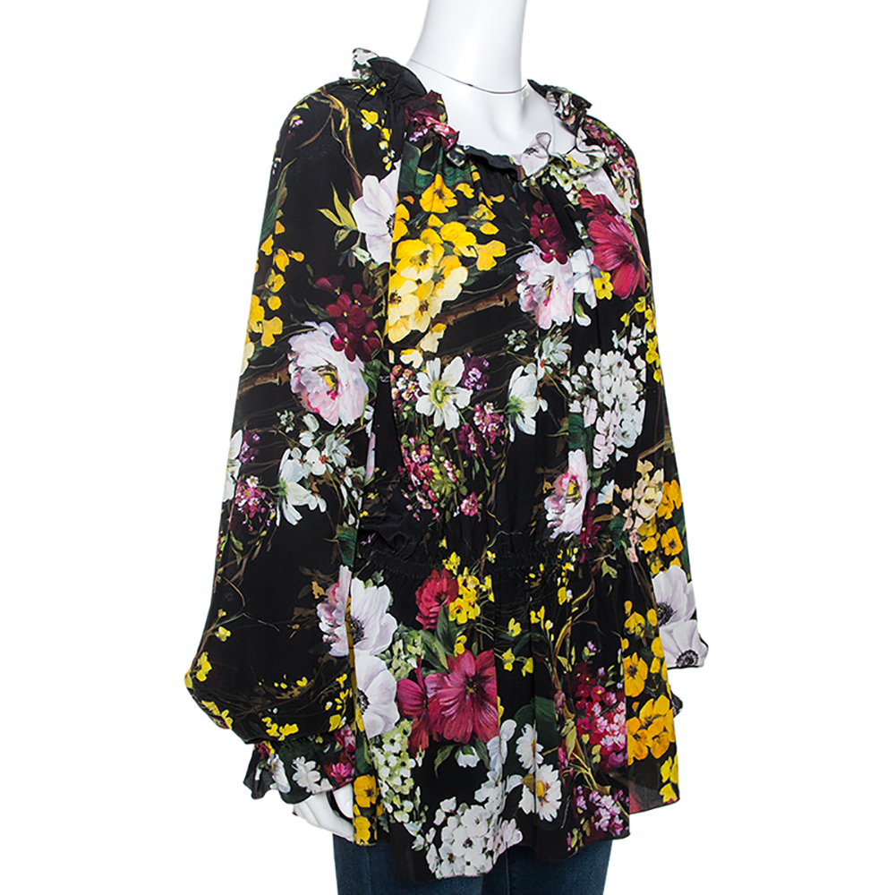 

Dolce & Gabbana Black Floral Printed Silk Ruffle Detail Blouse