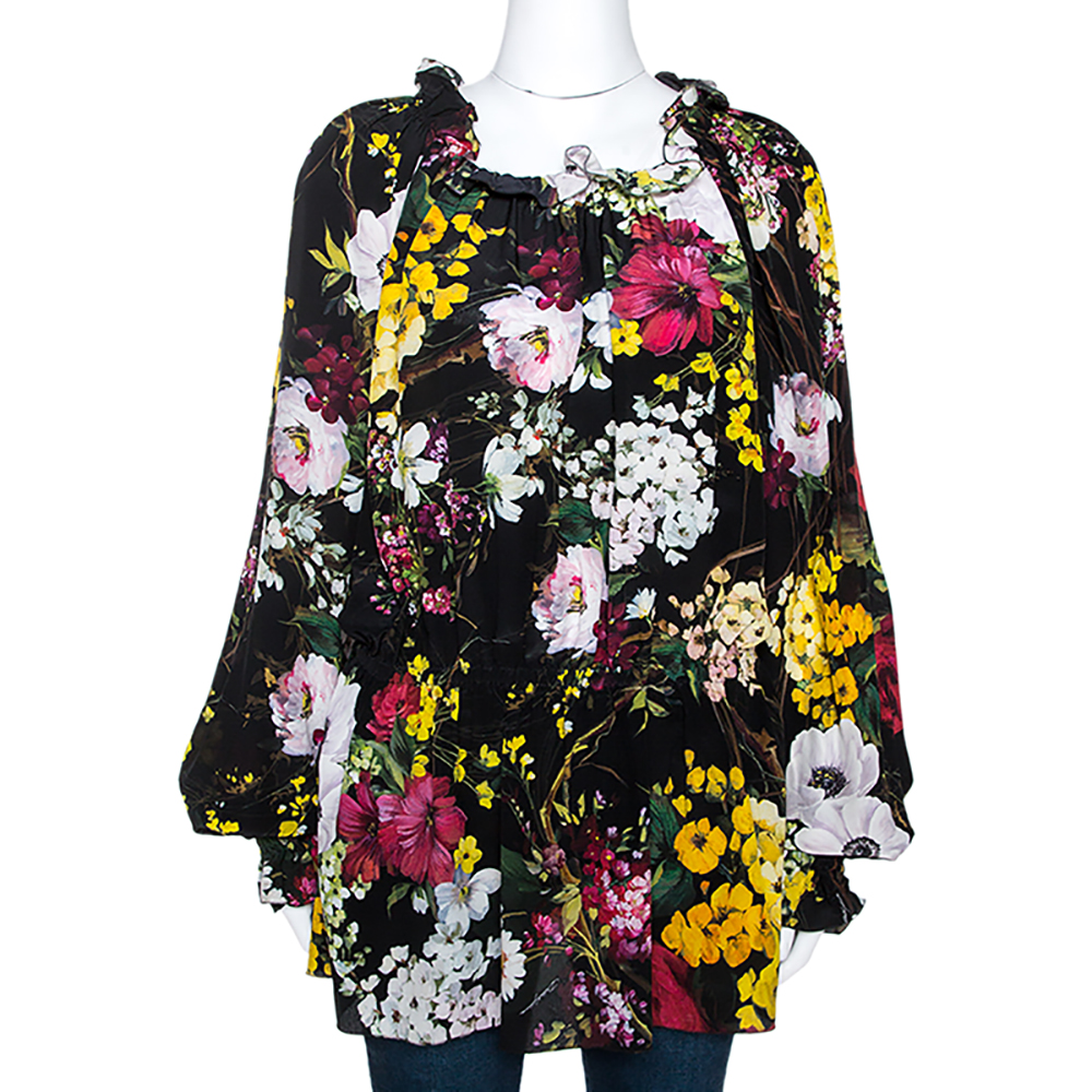 Dolce & Gabbana Black Floral Printed Silk Ruffle Detail Blouse XL Dolce ...