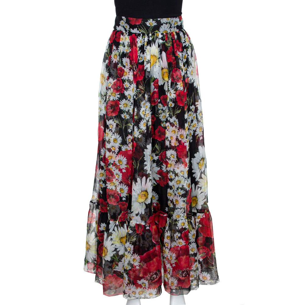 Pre Owned Dolce & Gabbana Black Floral Print Flared Maxi Skirt M 