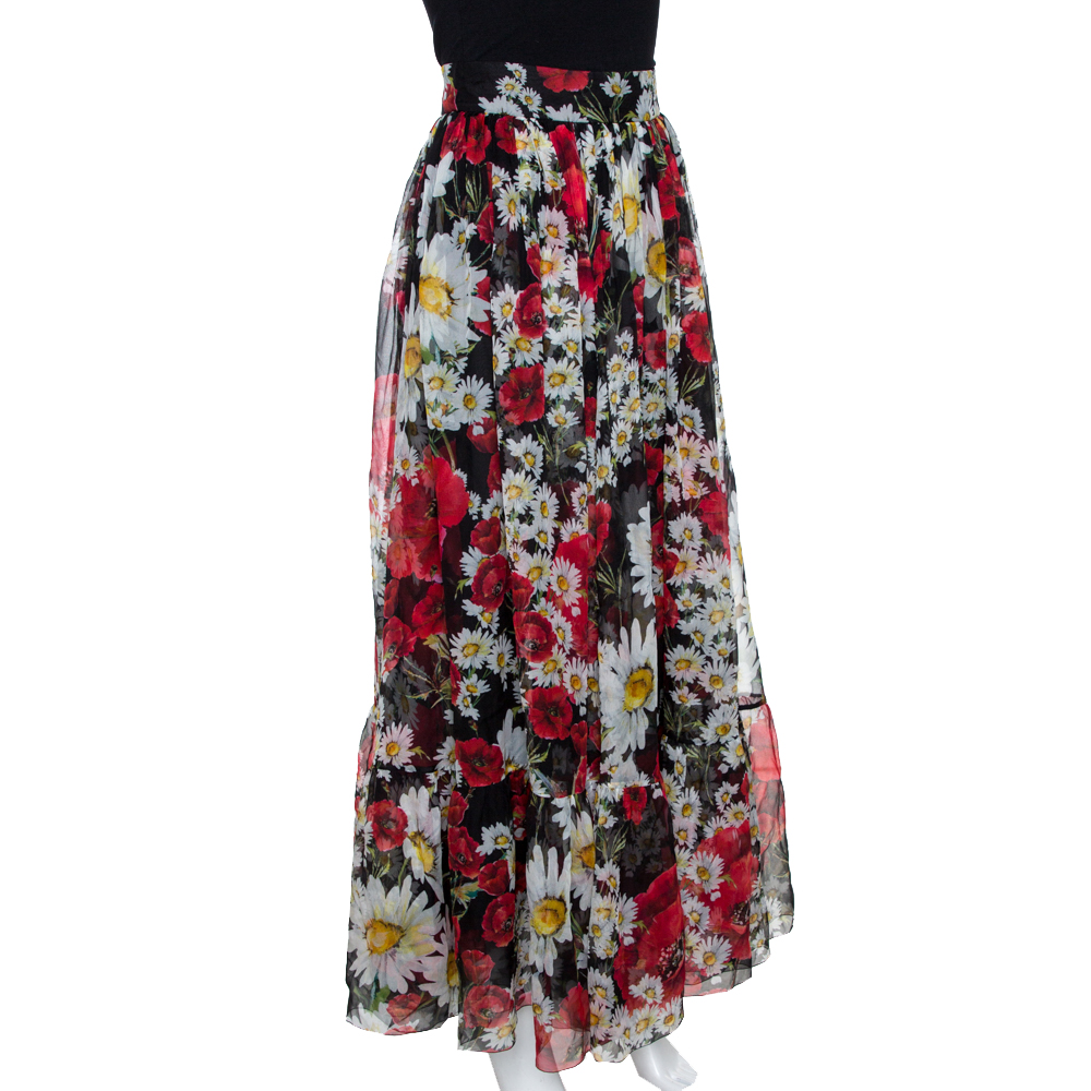 

Dolce & Gabbana Black Floral Print Flared Maxi Skirt