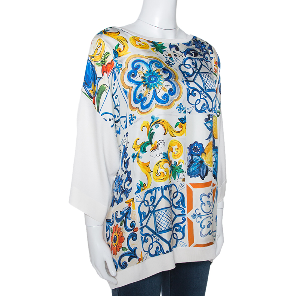 

Dolce & Gabbana Off White Majolica Print Silk Oversized Top