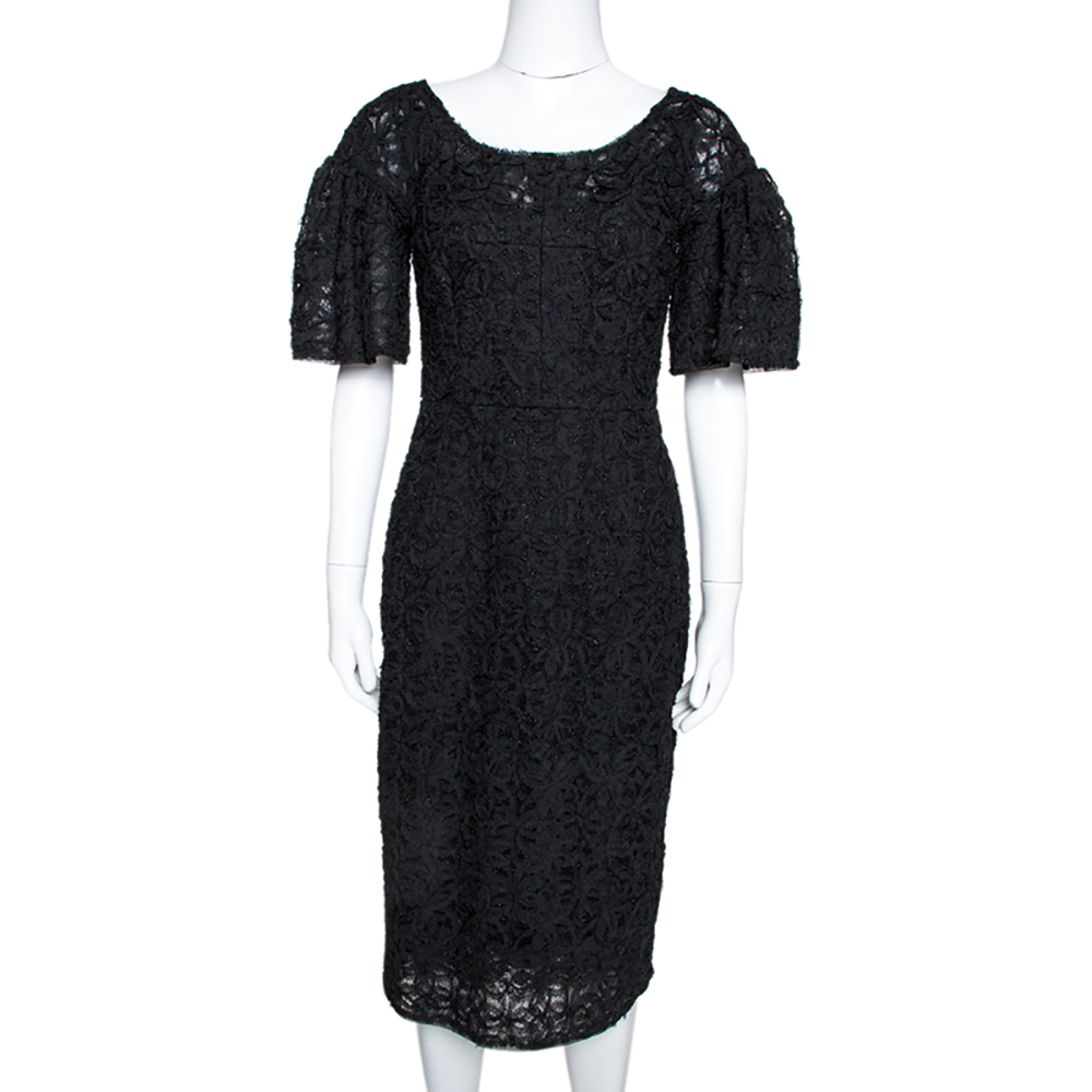 Pre-owned Dolce & Gabbana Black Lace Floral Appliqued Tulle Dress S