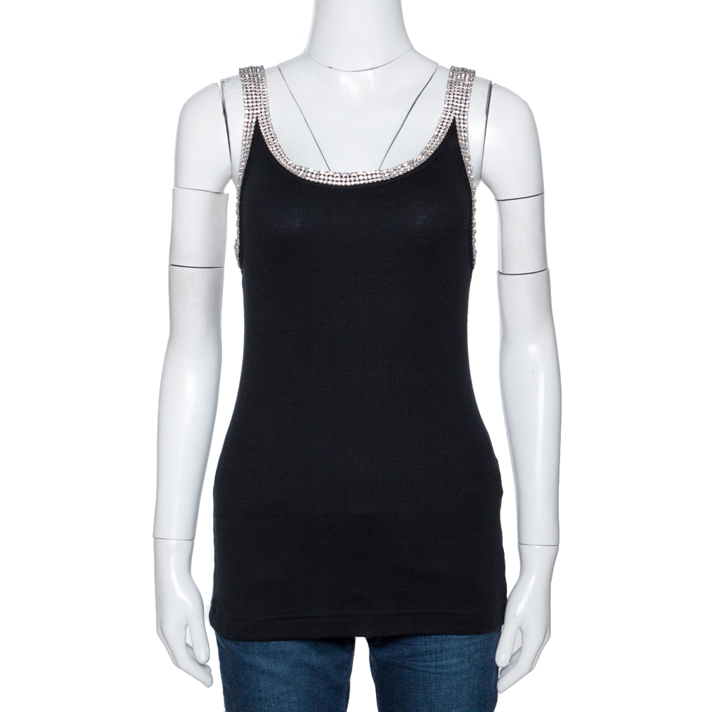 Pre Owned توب دولتشي أند غابانا تانك قطن أخضر مزخرف كريستال مقاس كبير (لارج)