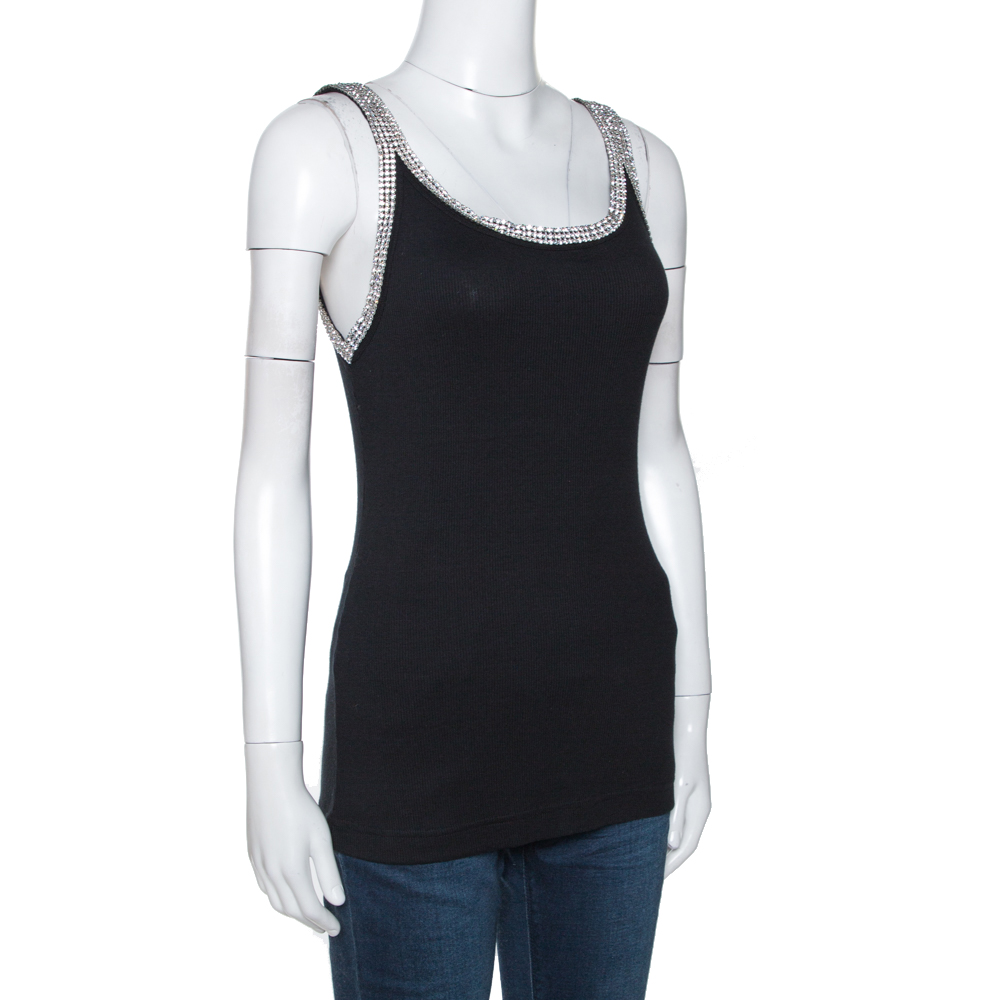 

Dolce & Gabbana Black Cotton Crystal Embellished Tank Top