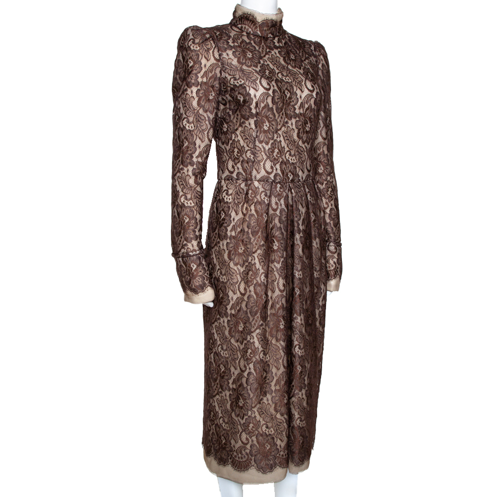 

Dolce & Gabbana Brown Scalloped Lace Padded Long Sleeve Midi Dress