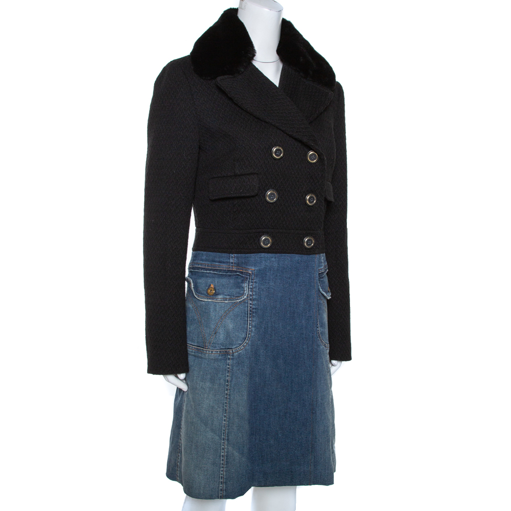 

D&G Color Block Denim Blend Detachable Fur Collar Long Coat, Black