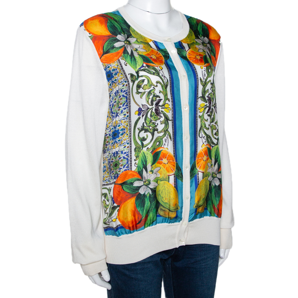 

Dolce & Gabbana Off White Majolica Print Silk Button Front Cardigan