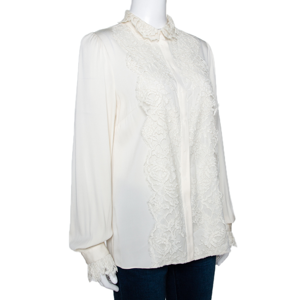 

Dolce & Gabbana Off White Silk Lace Trim Long Sleeve Shirt, Cream