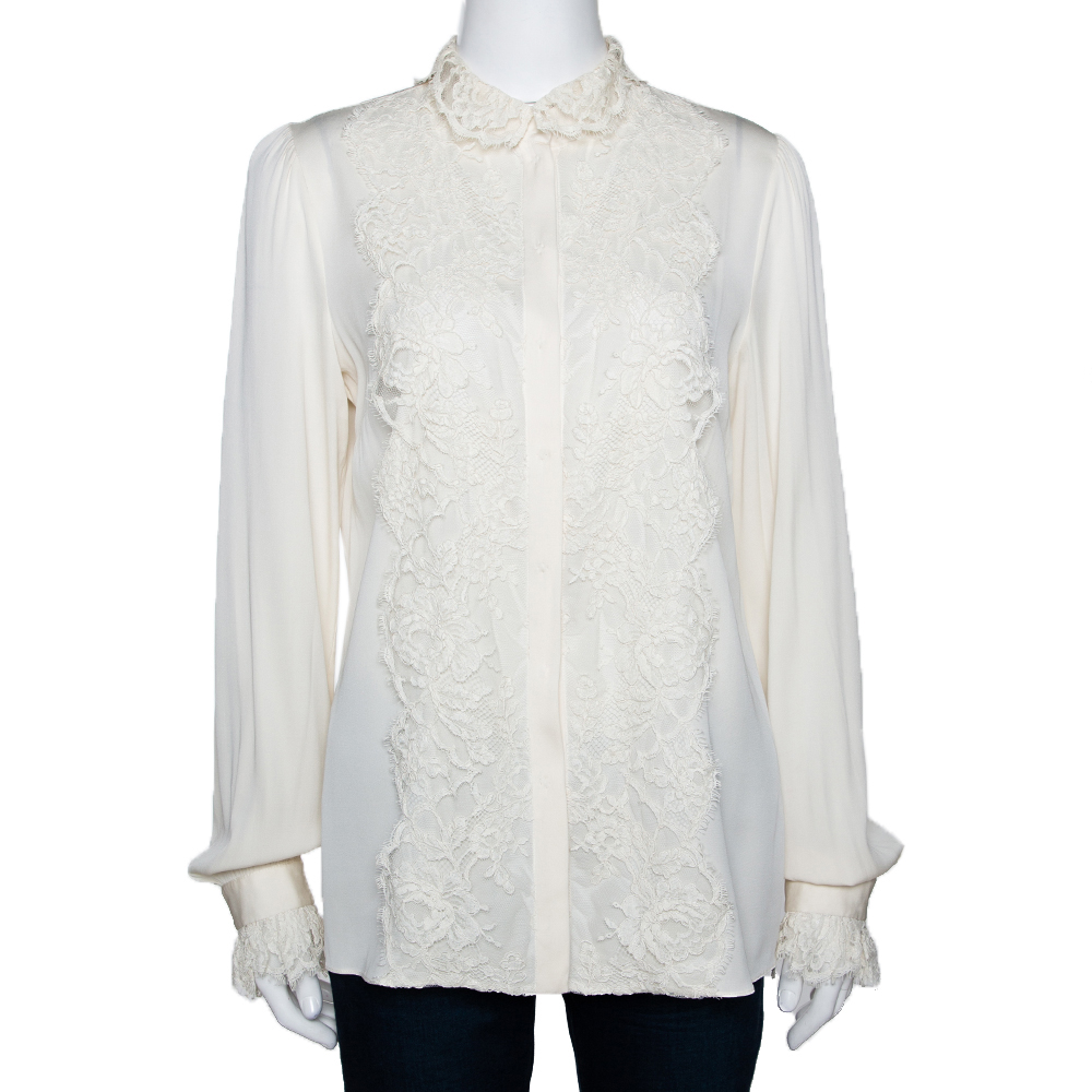 Pre Owned Dolce & Gabbana Off White Silk Lace Trim Long Sleeve Shirt L